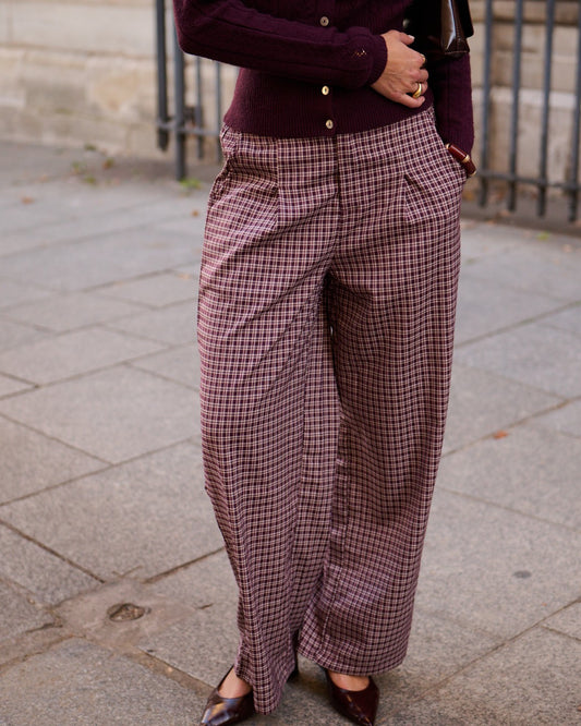 Paula burgundy check print trousers