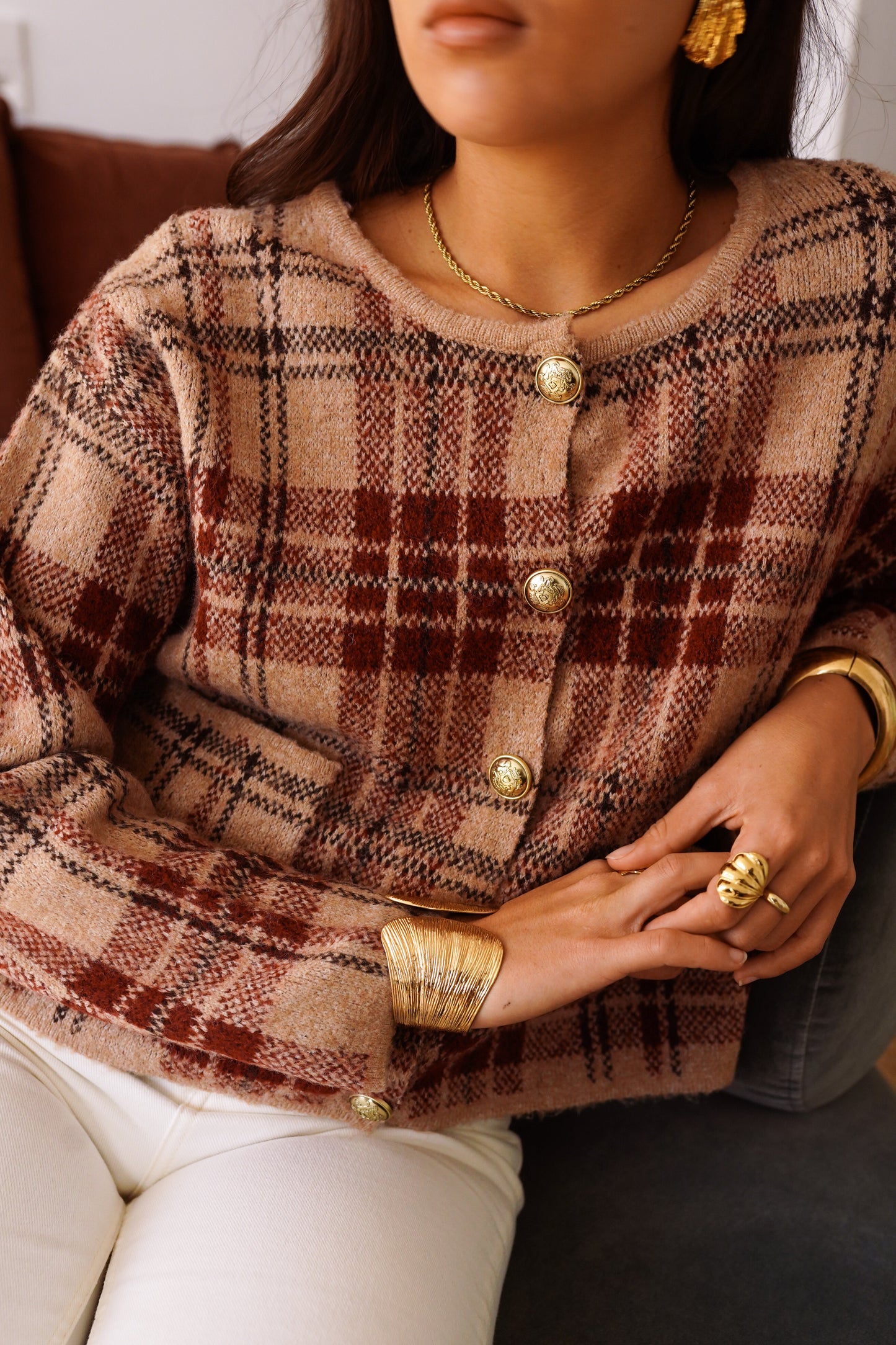 Chloe tartan check print cardigan with gold buttons