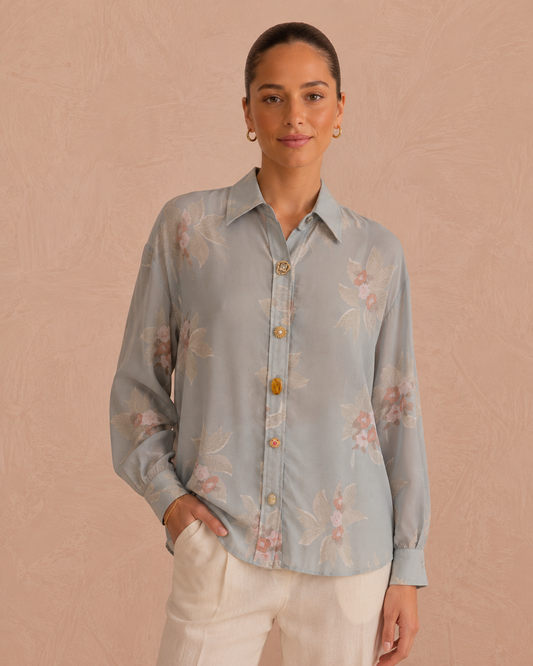 Donna blue floral brooch button shirt