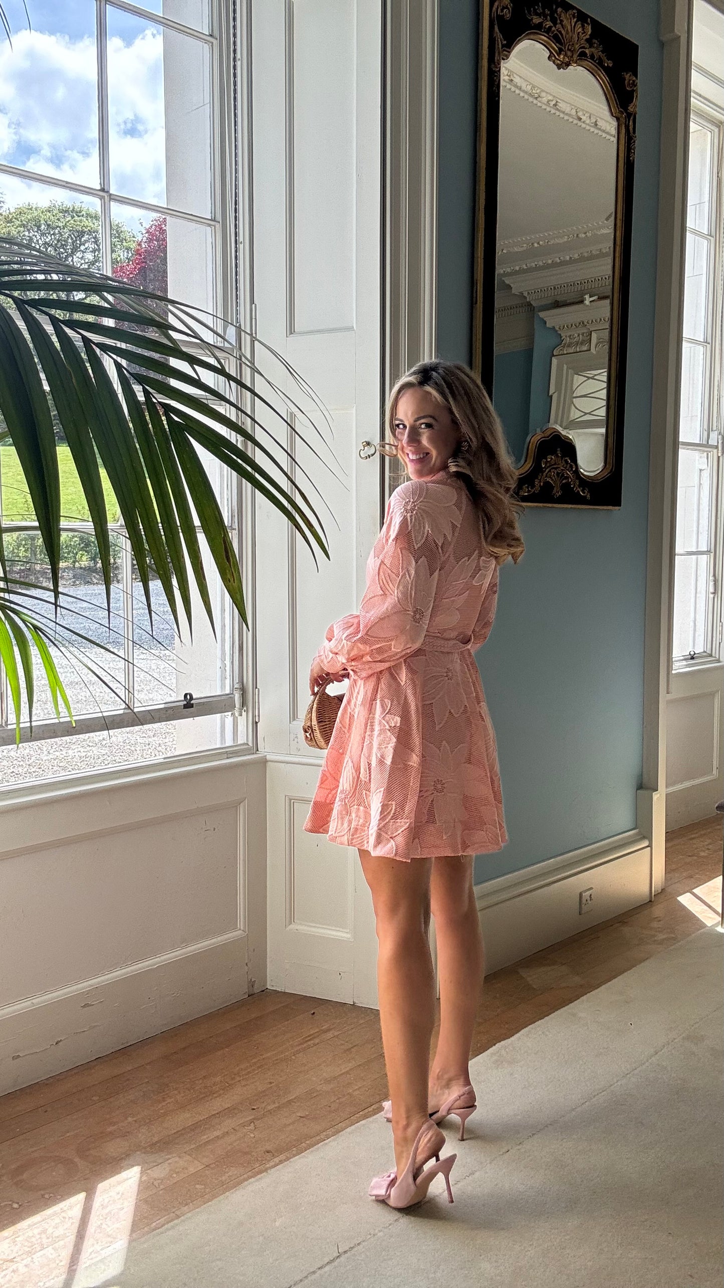 Donna peachy pink lace mini dress