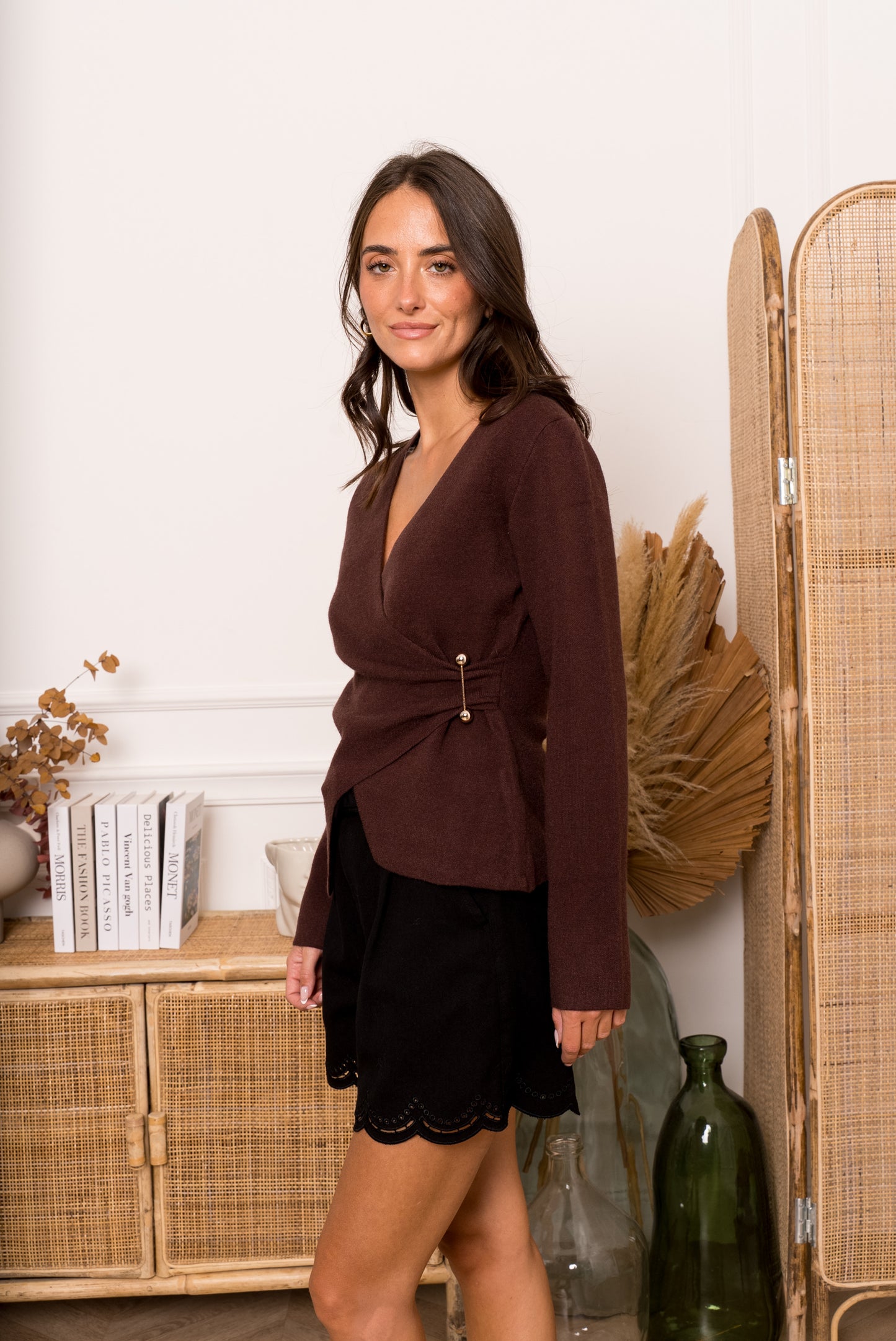 Amelia chocolate brown wrap knit top