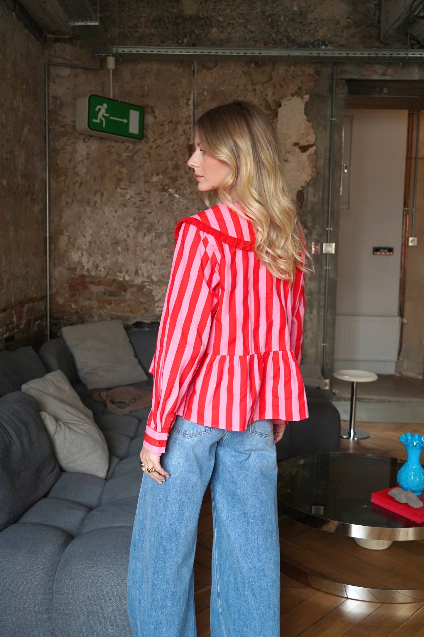 Beth pink & red stripe peplum shirt