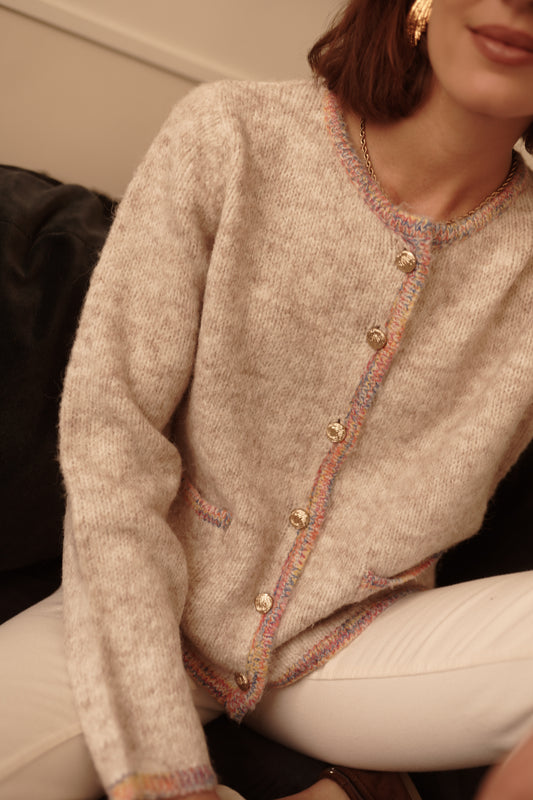 Tilly beige rainbow trim cardigan