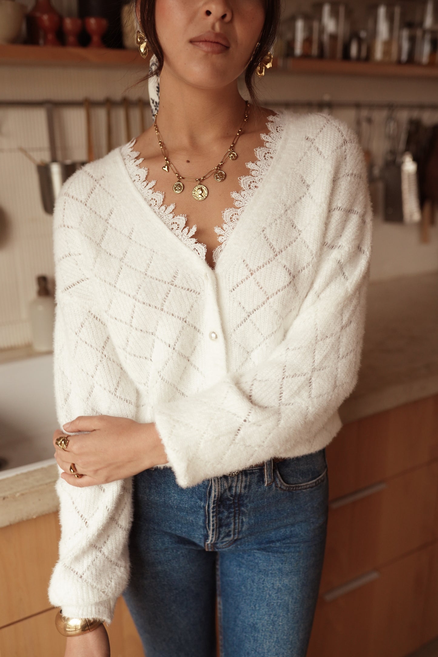 Nola Ivory lace trim v neck jumper