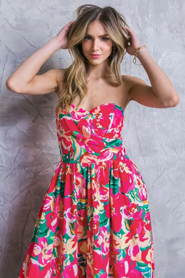 Floral strapless midi dress with pockets
