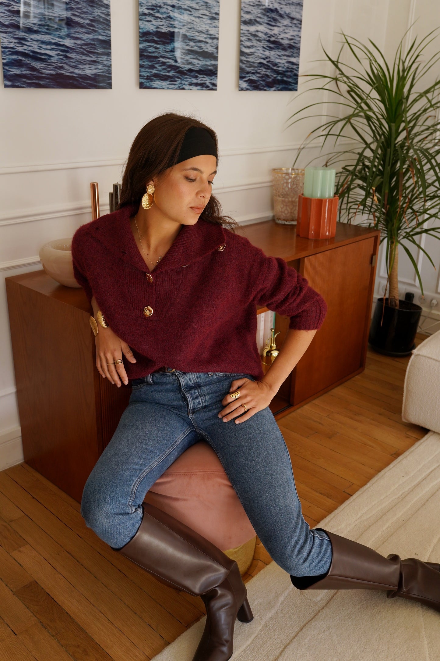 Amelia burgundy gold button polo neck jumper
