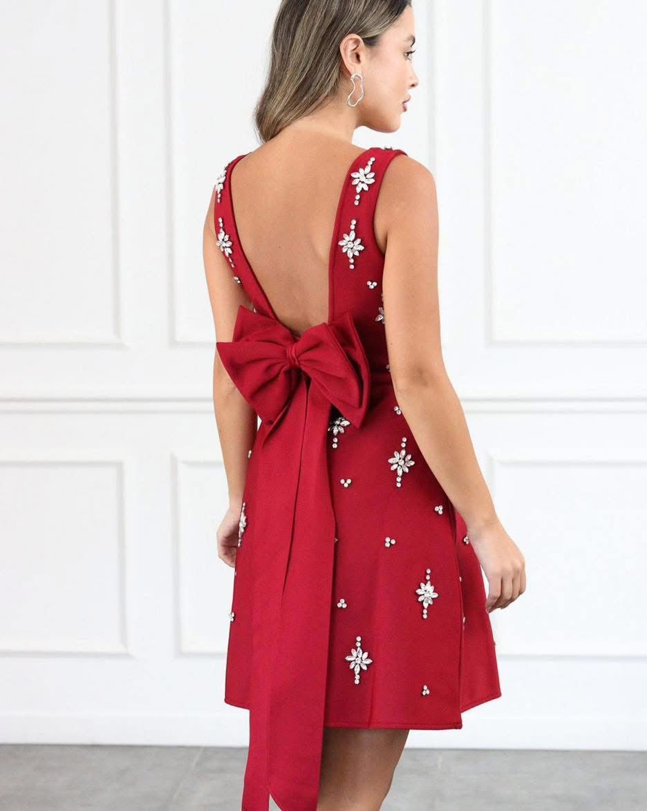 Eve red embellished bow dress
