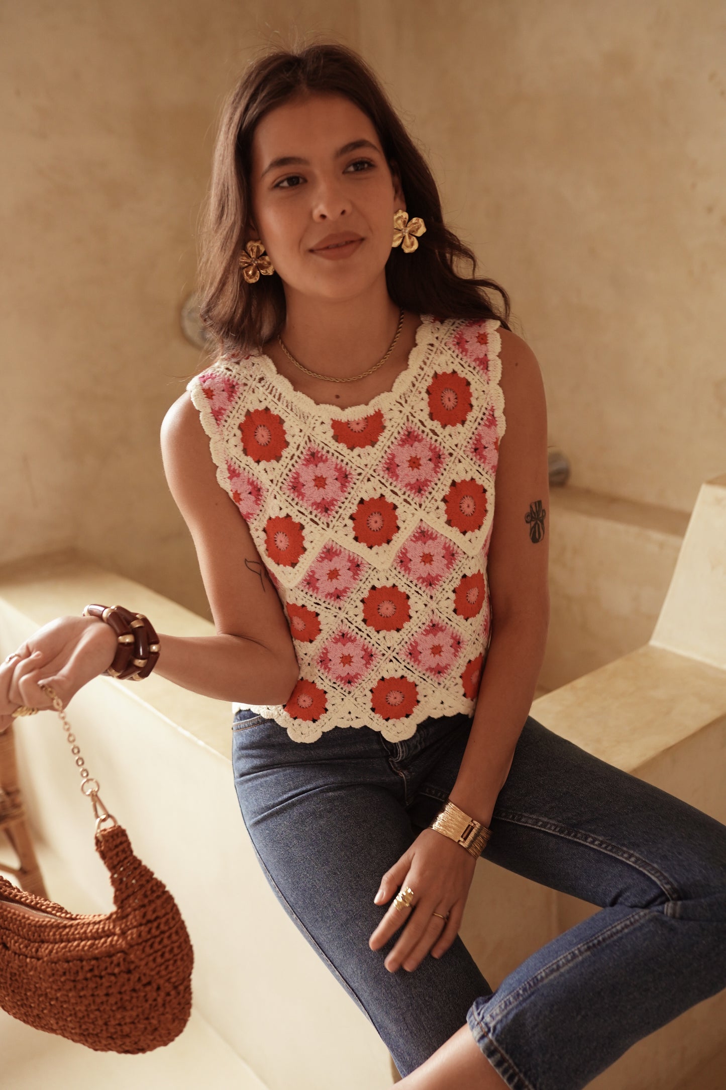 Cleo pink and red crochet cropped top