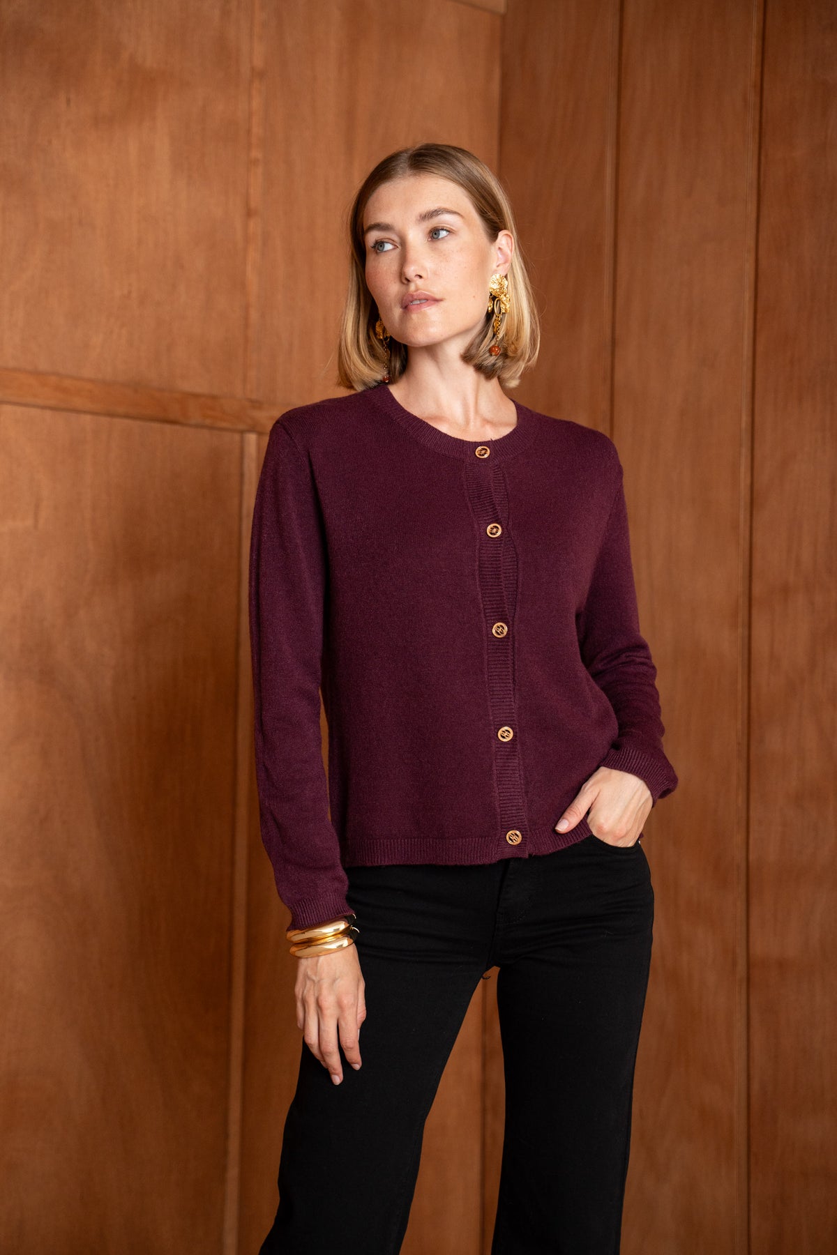 Ashley burgundy gold button cardigan
