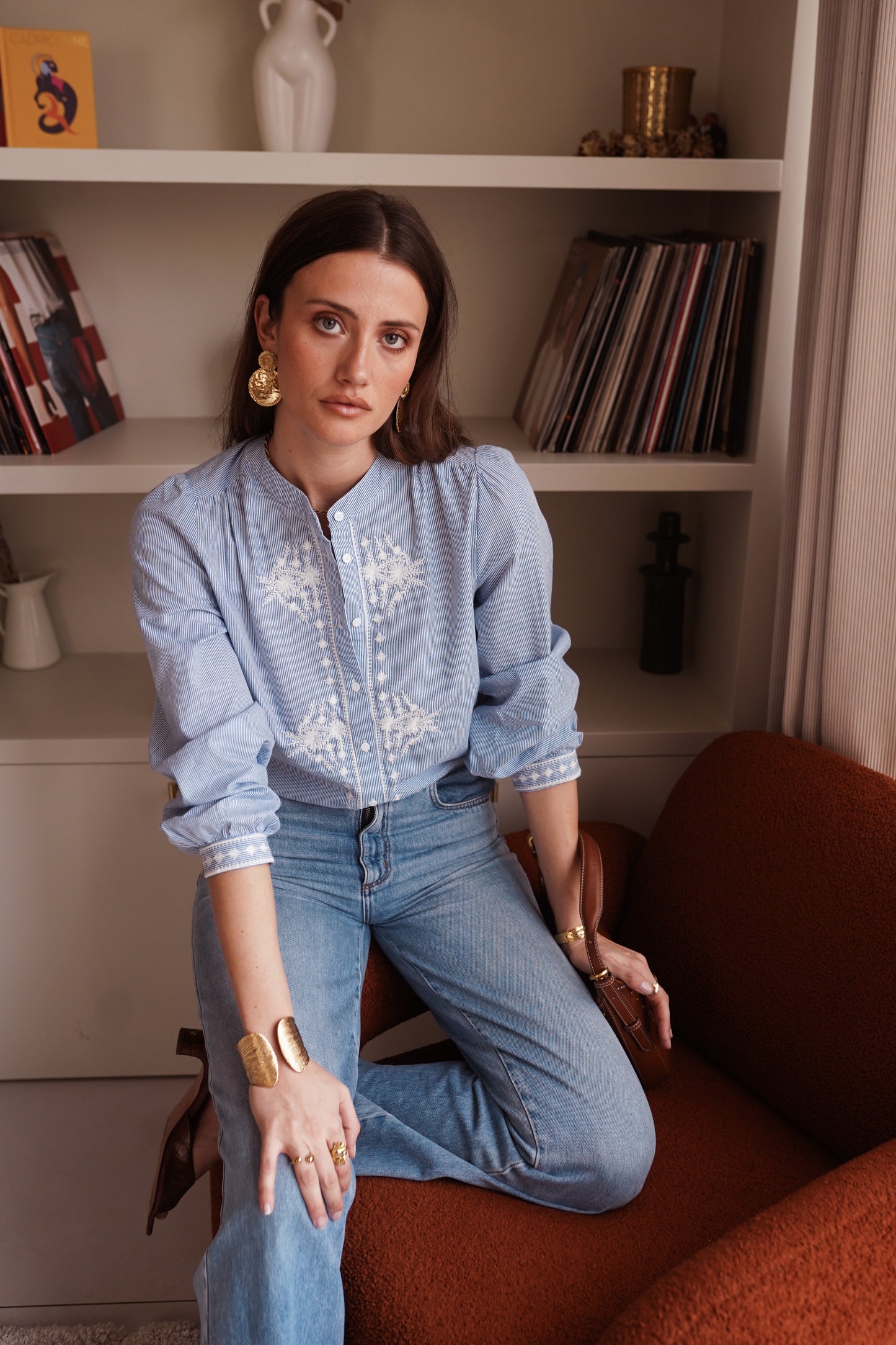 Tara blue striped embroidered blouse