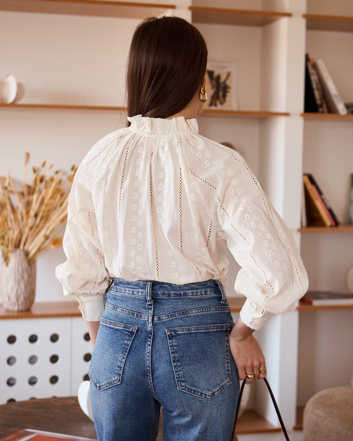 Amelia beige embroidered bow blouse
