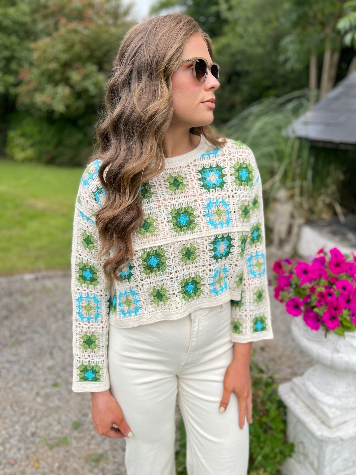 Flora green cropped crochet jumper