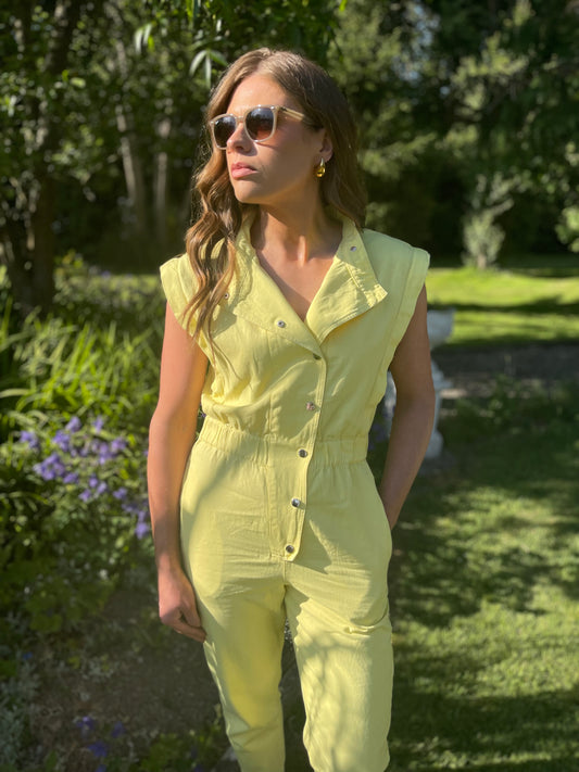 Evie short sleeve light wash yellow denim jumpsuit