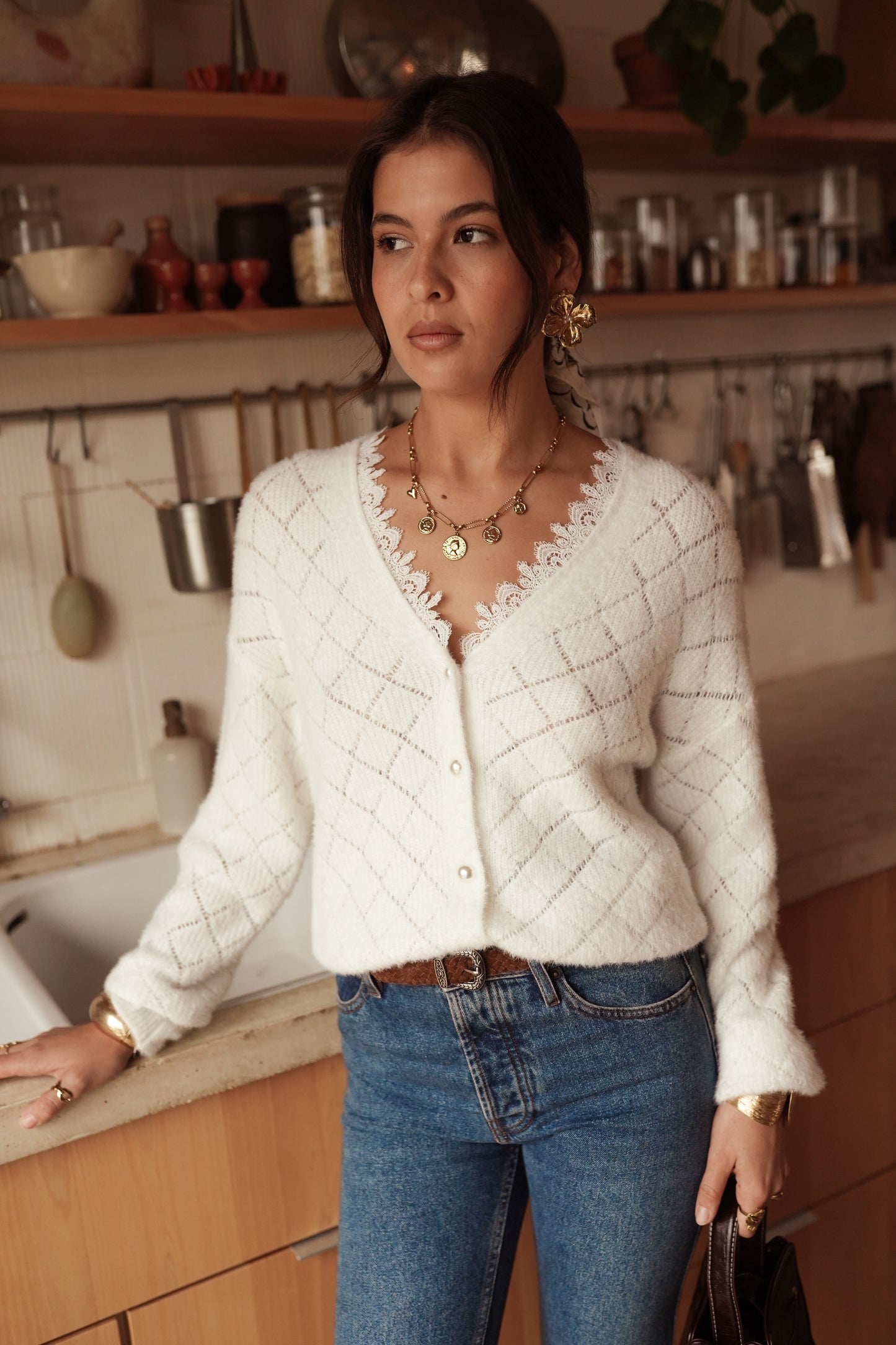Nola Ivory lace trim v neck jumper