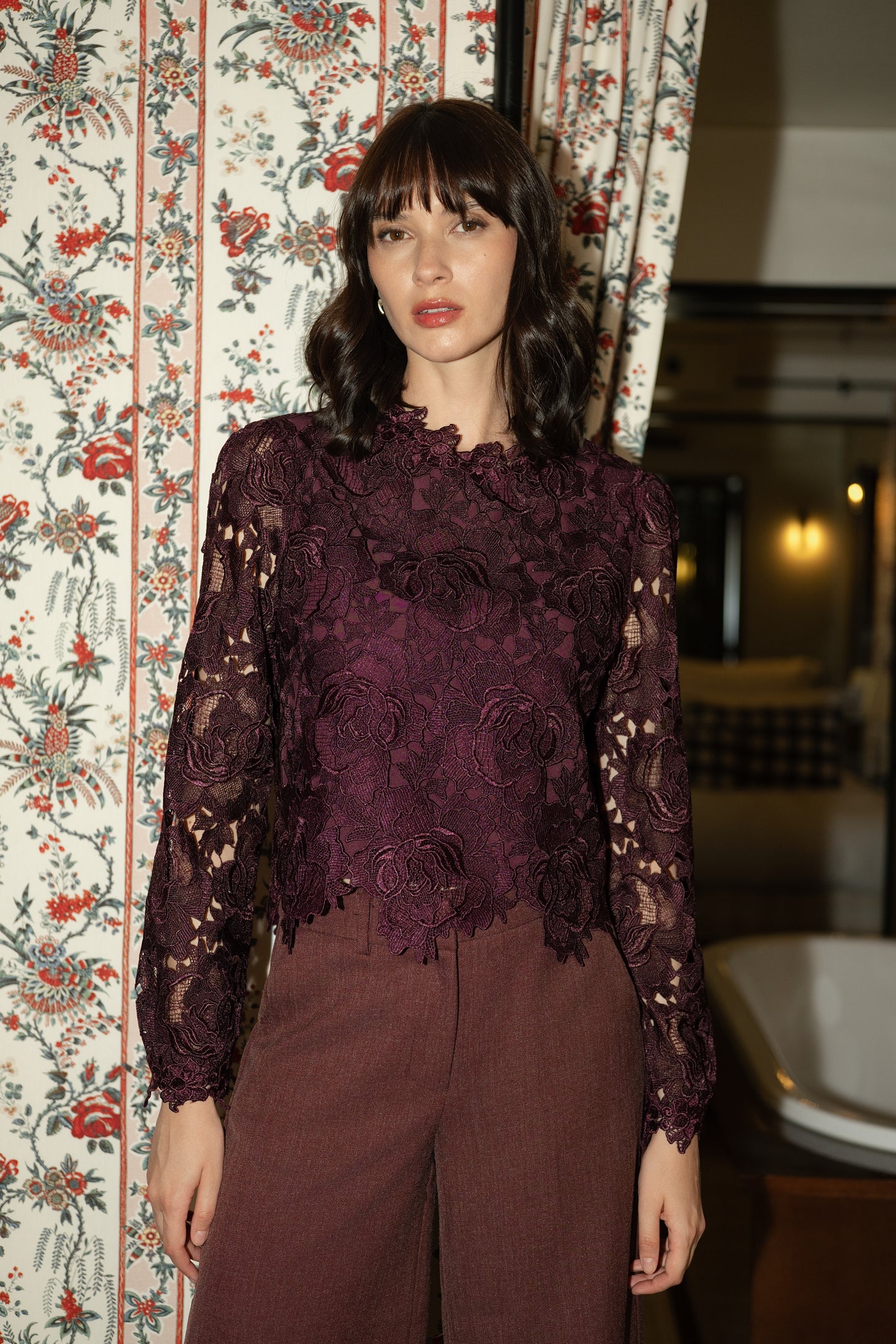 Millie burgundy lace long sleeve top
