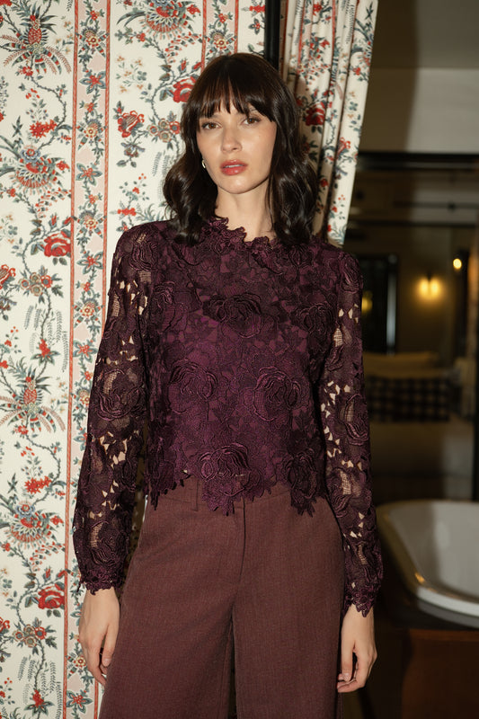 Millie burgundy lace long sleeve top
