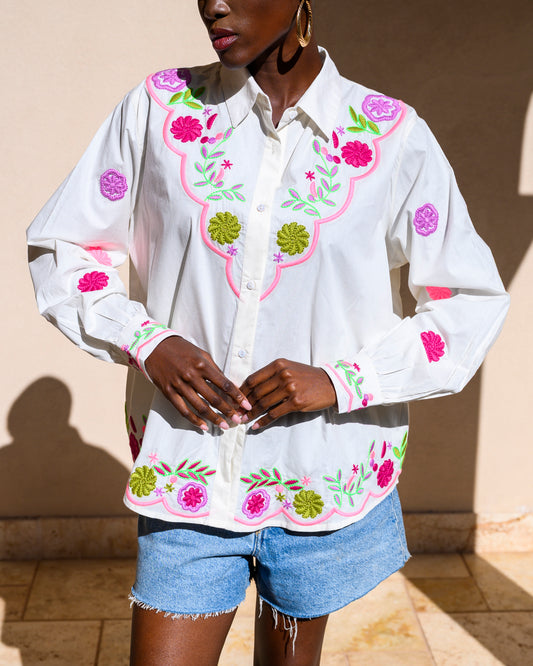 Kylie neon embroidered white shirt