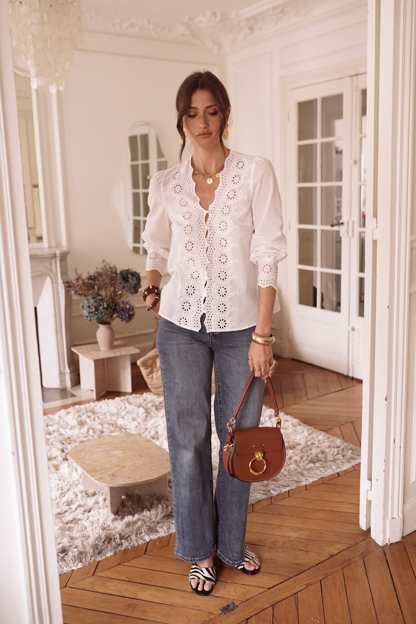 Celeste white lace blouse pearl buttons
