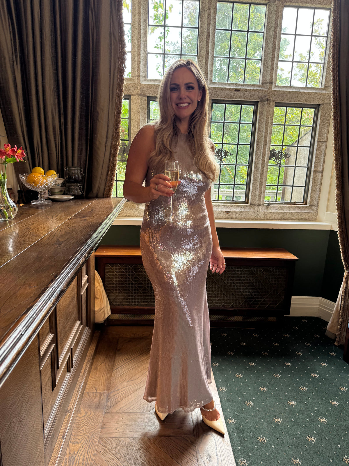 Angie beige long sequin sleeveless dress