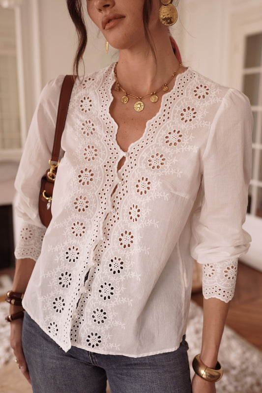 Celeste white lace blouse pearl buttons