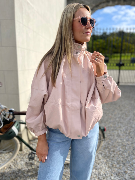 Carly pink leather funnel neck leather jacket