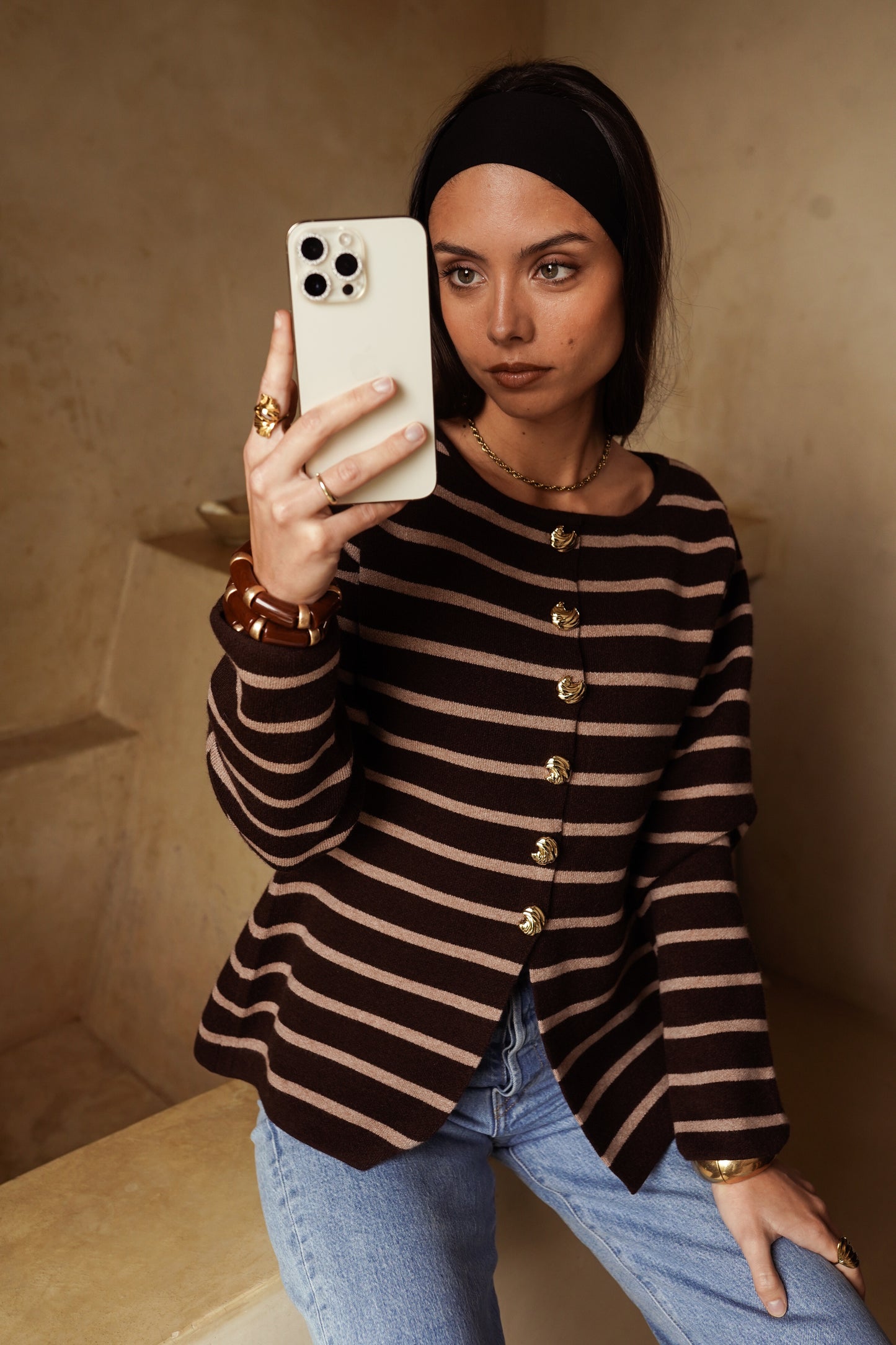 Kylie brown striped gold button cardigan
