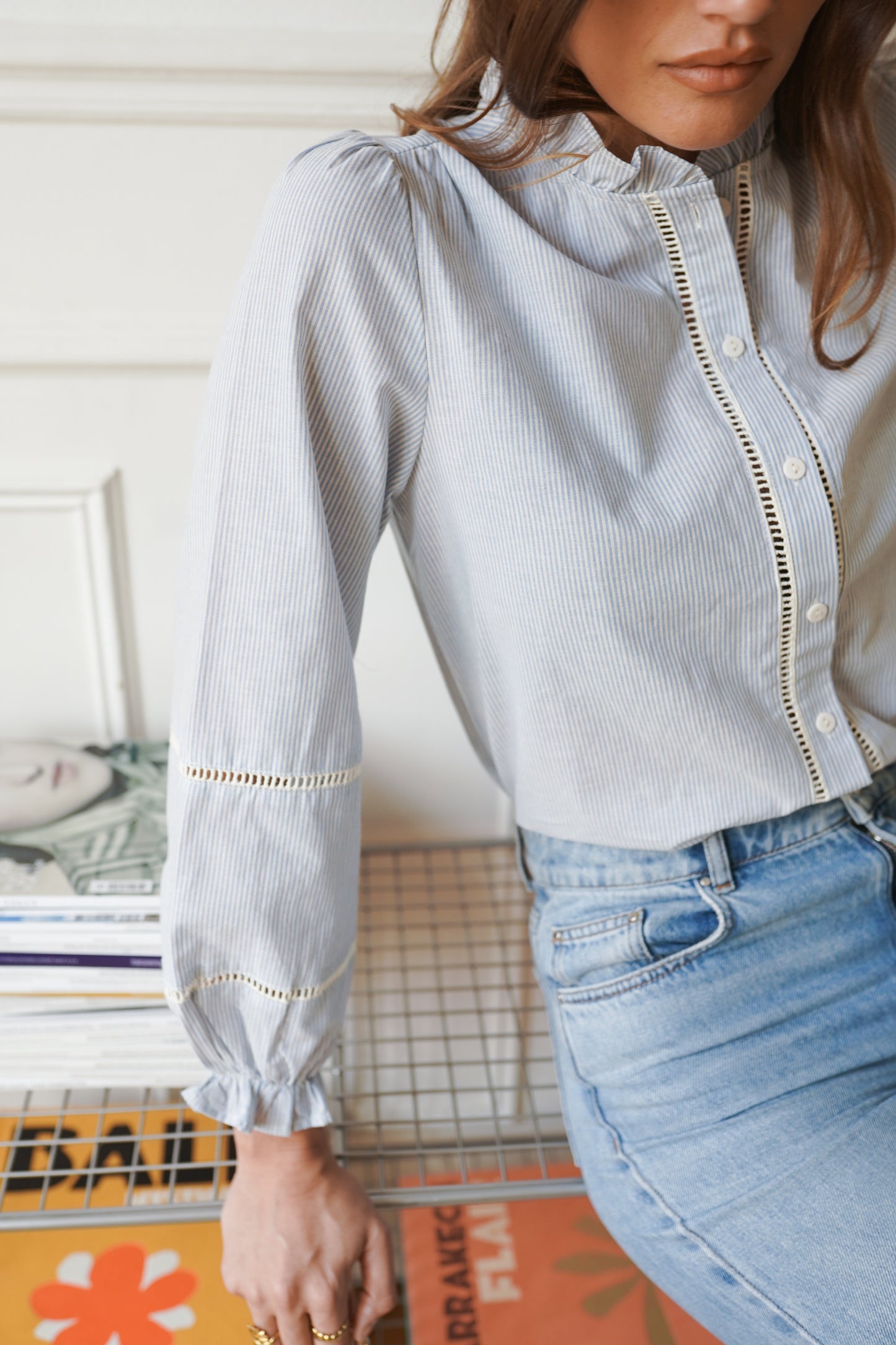 Erica blue striped ruffle trim collar blouse