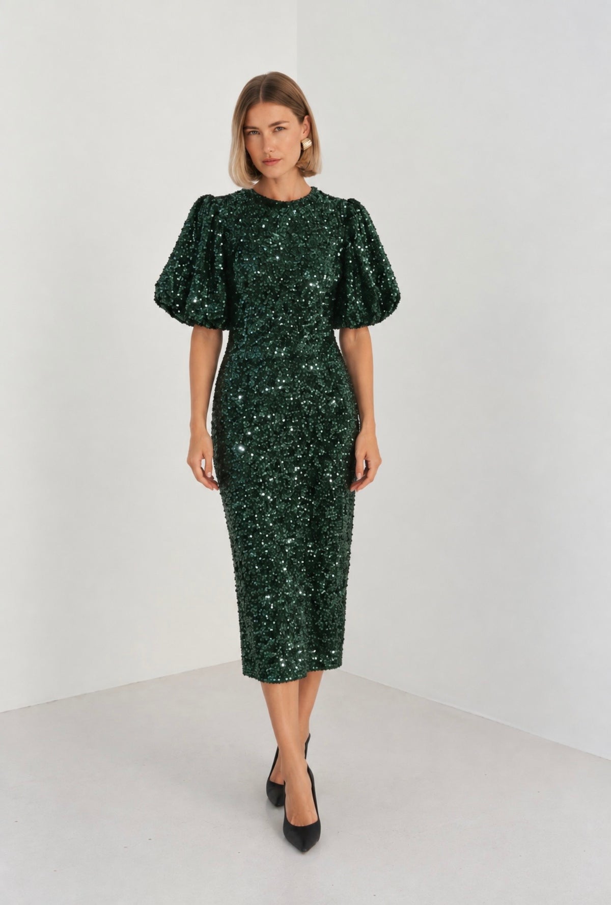 Katie green sequin midi dress