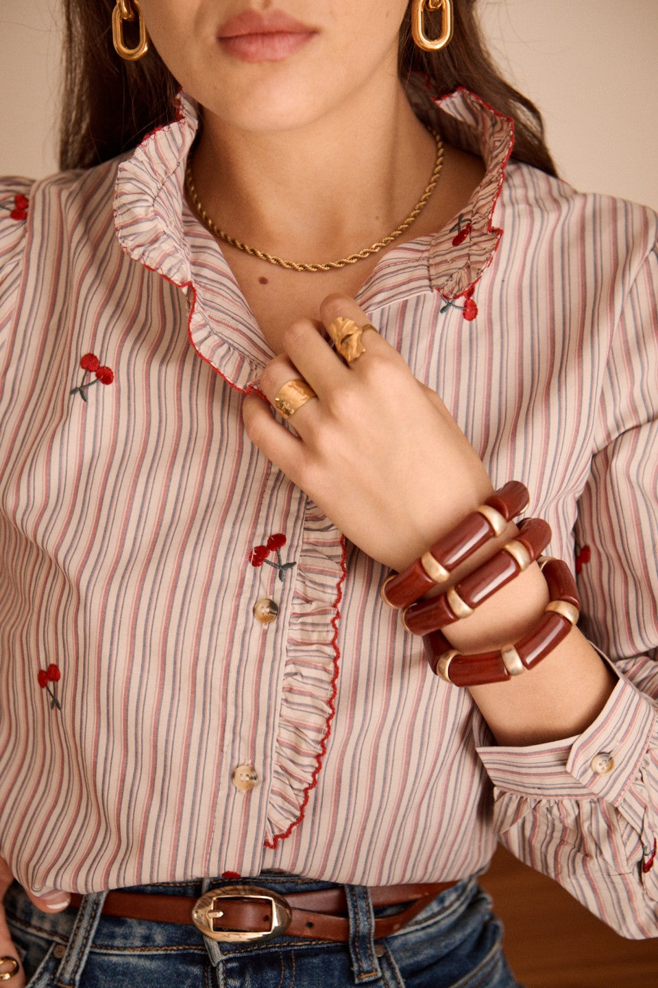 Collette cherry print stripe blouse
