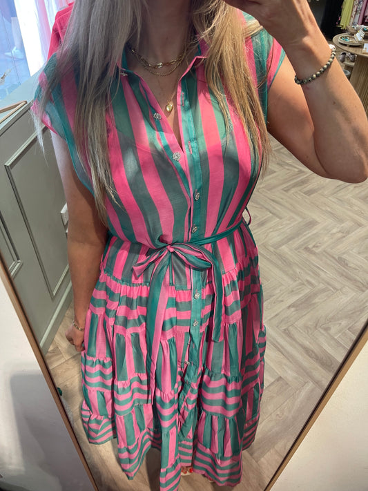 Sandra pink & green striped long dress