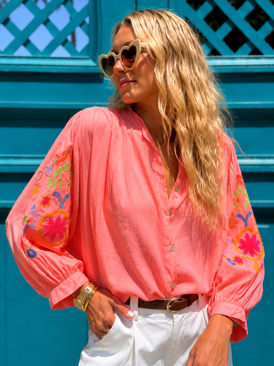 Jackie neon coral embroidery blouse
