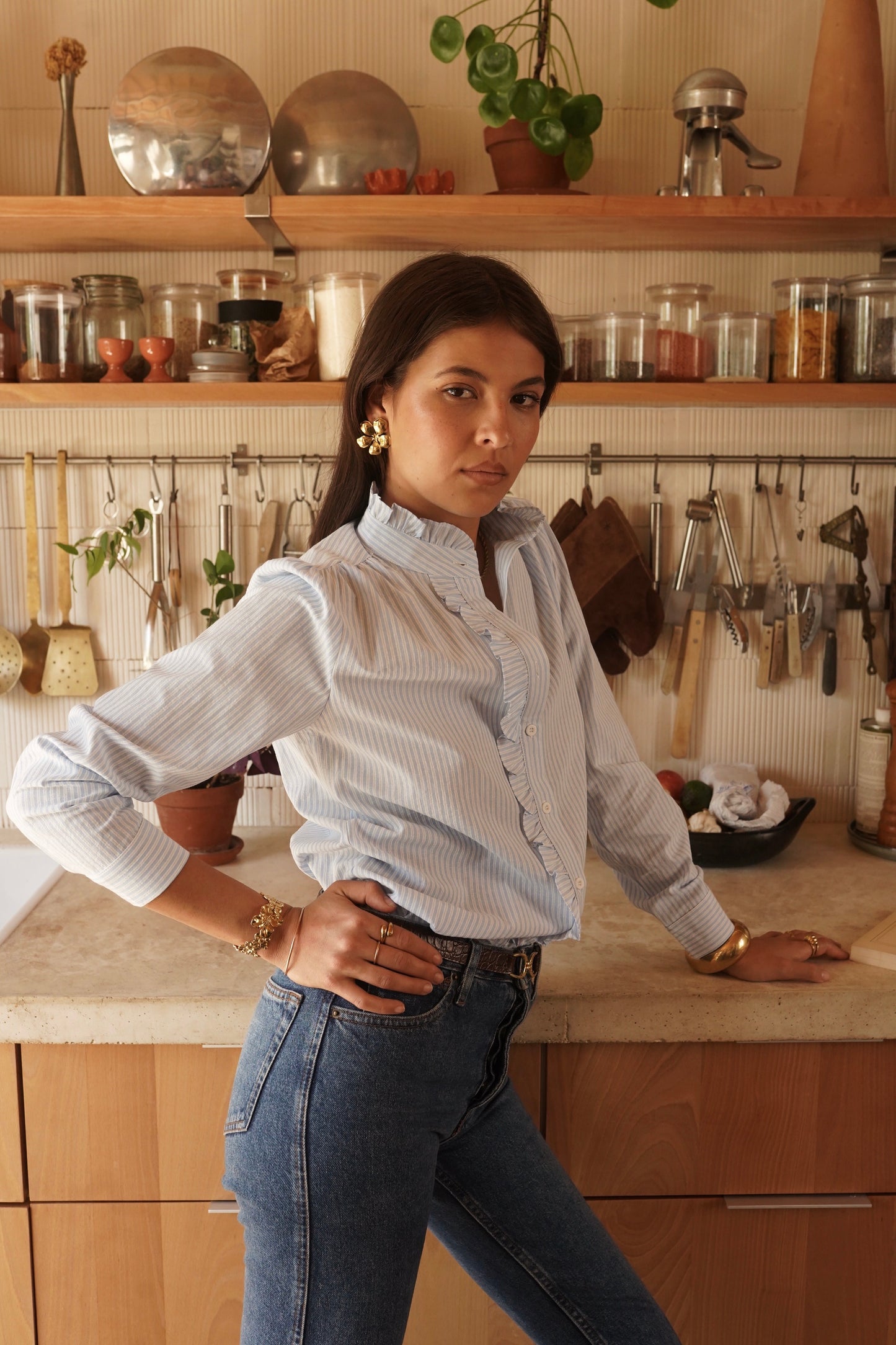 Celeste blue striped frill collar shirt