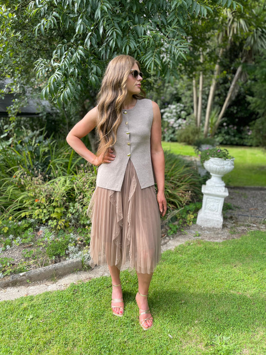 Pearl detail tulle beige skirt