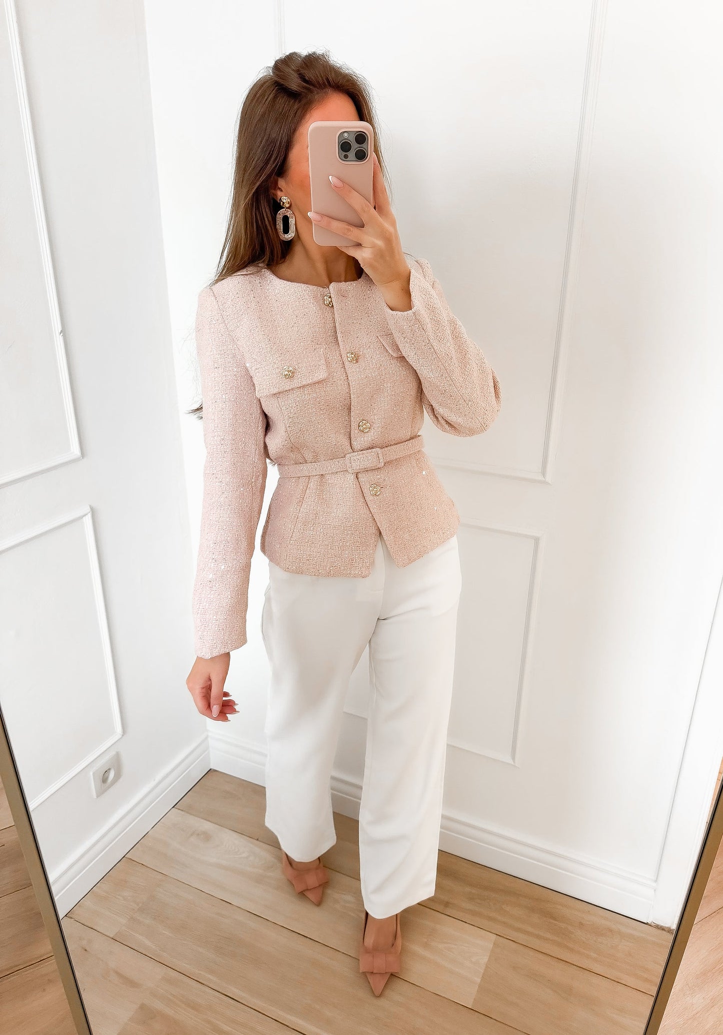 Claudia soft pink long sleeved tweed jacket