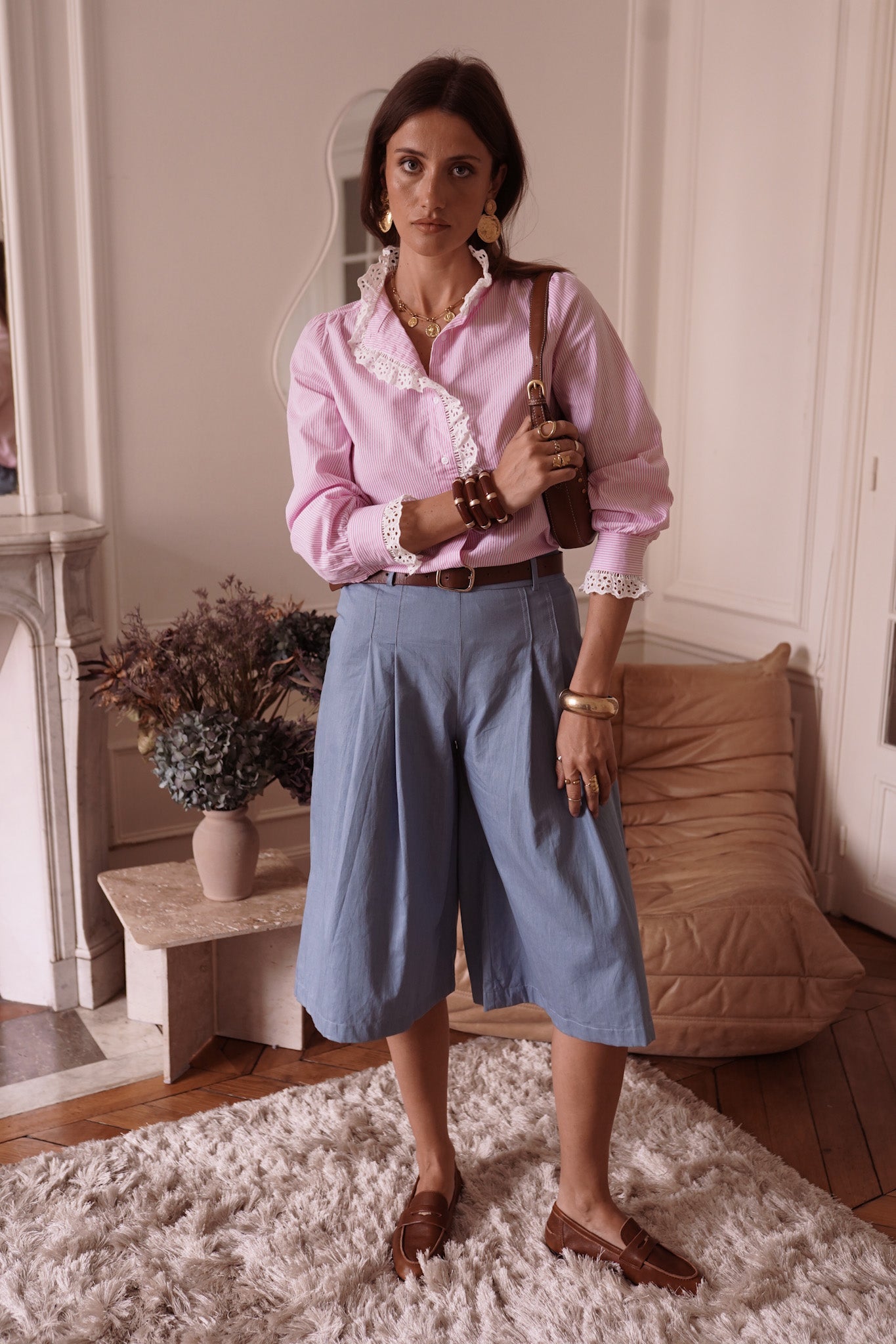 Margot pink stripe lace ruffle blouse