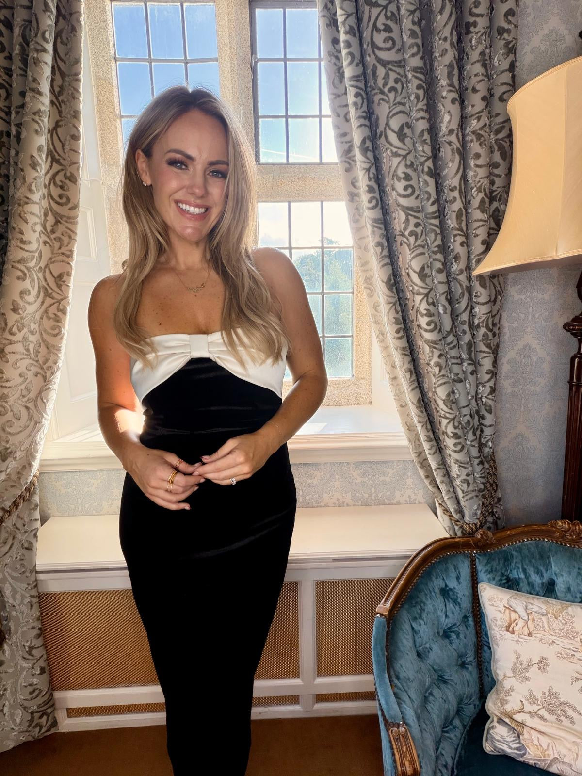 Carrie black strapless dress with cream bow