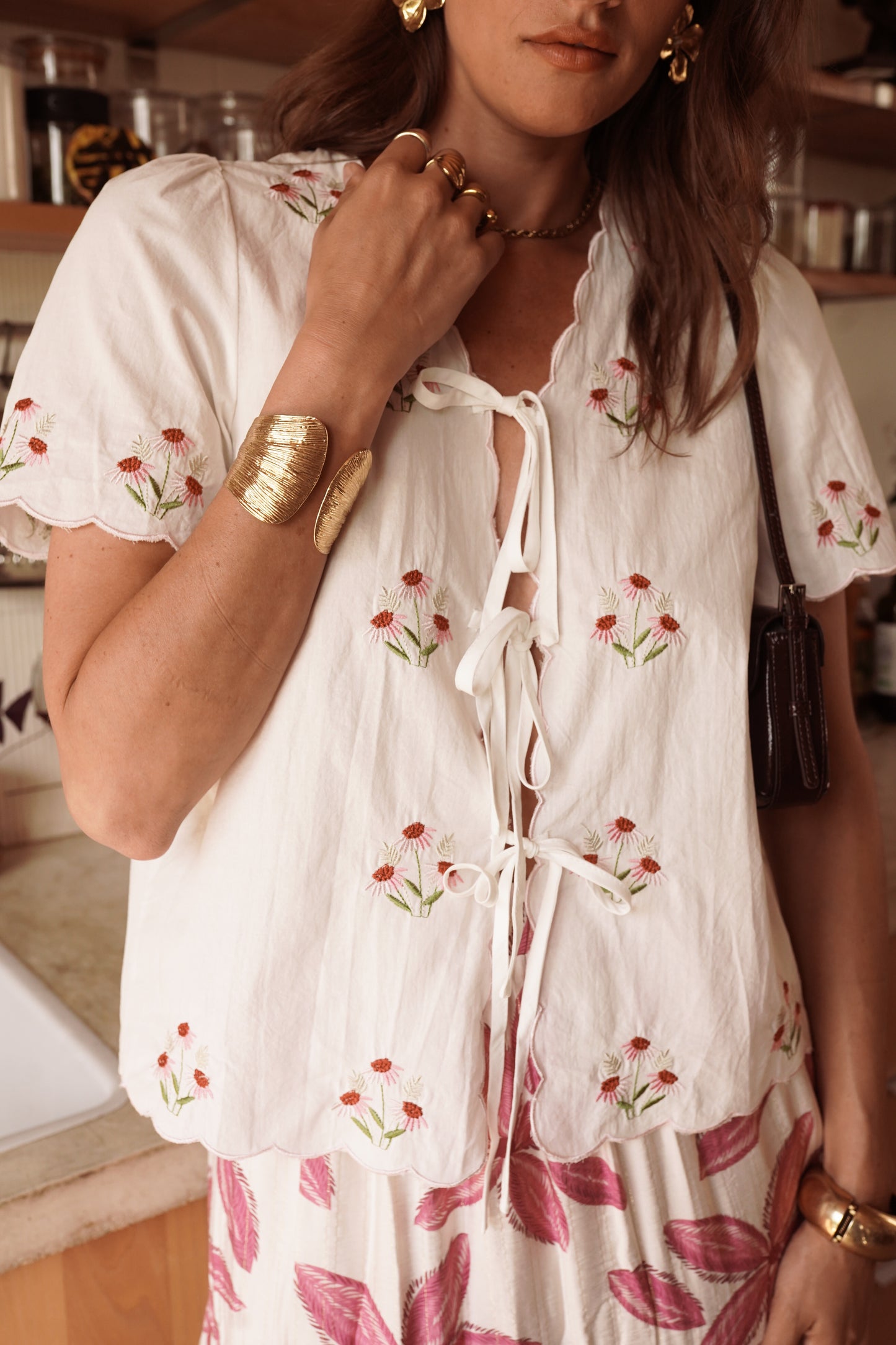 Lena floral tie front white blouse