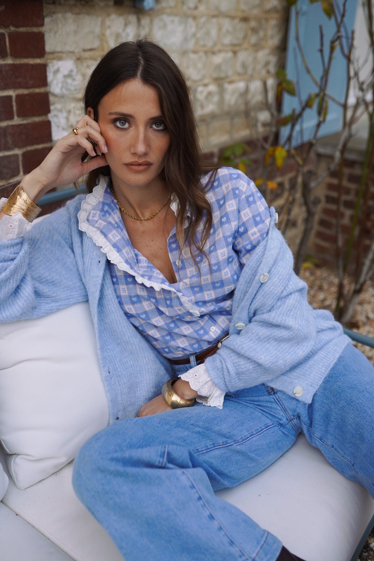 Naomi blue check heart print blouse
