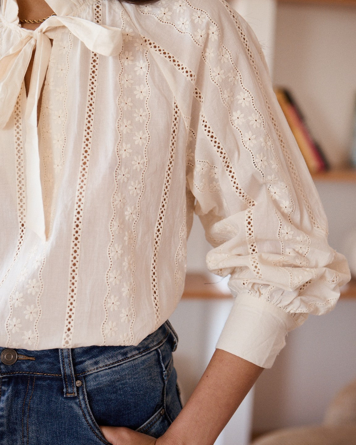 Amelia beige embroidered bow blouse