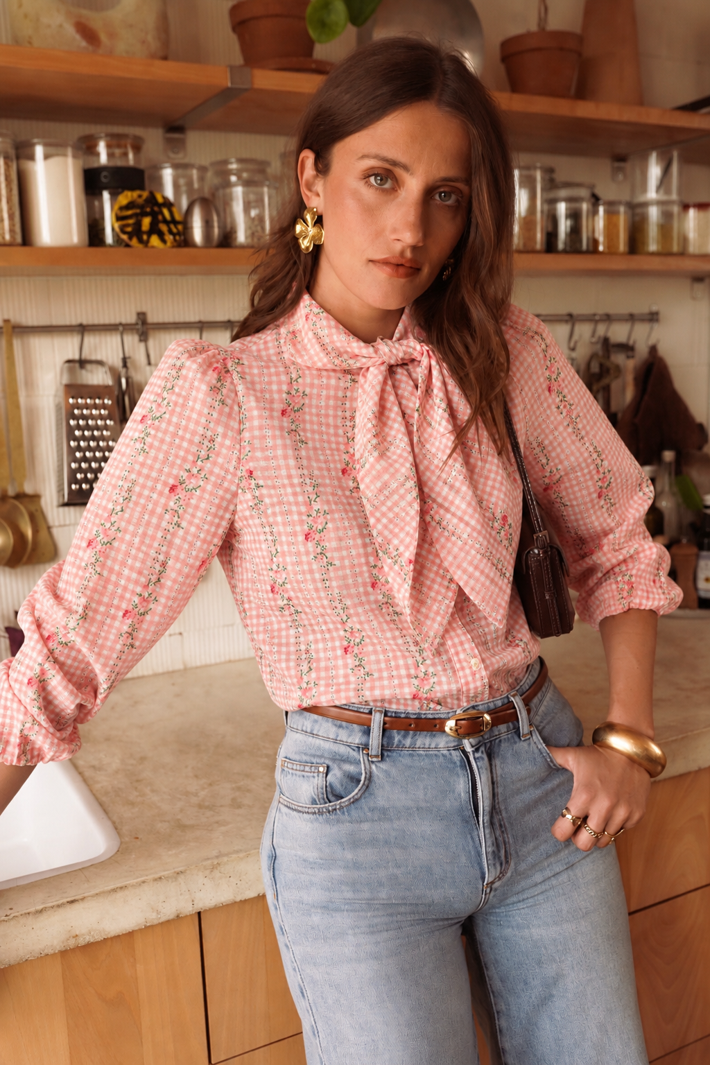 Ella pink neck tie floral blouse