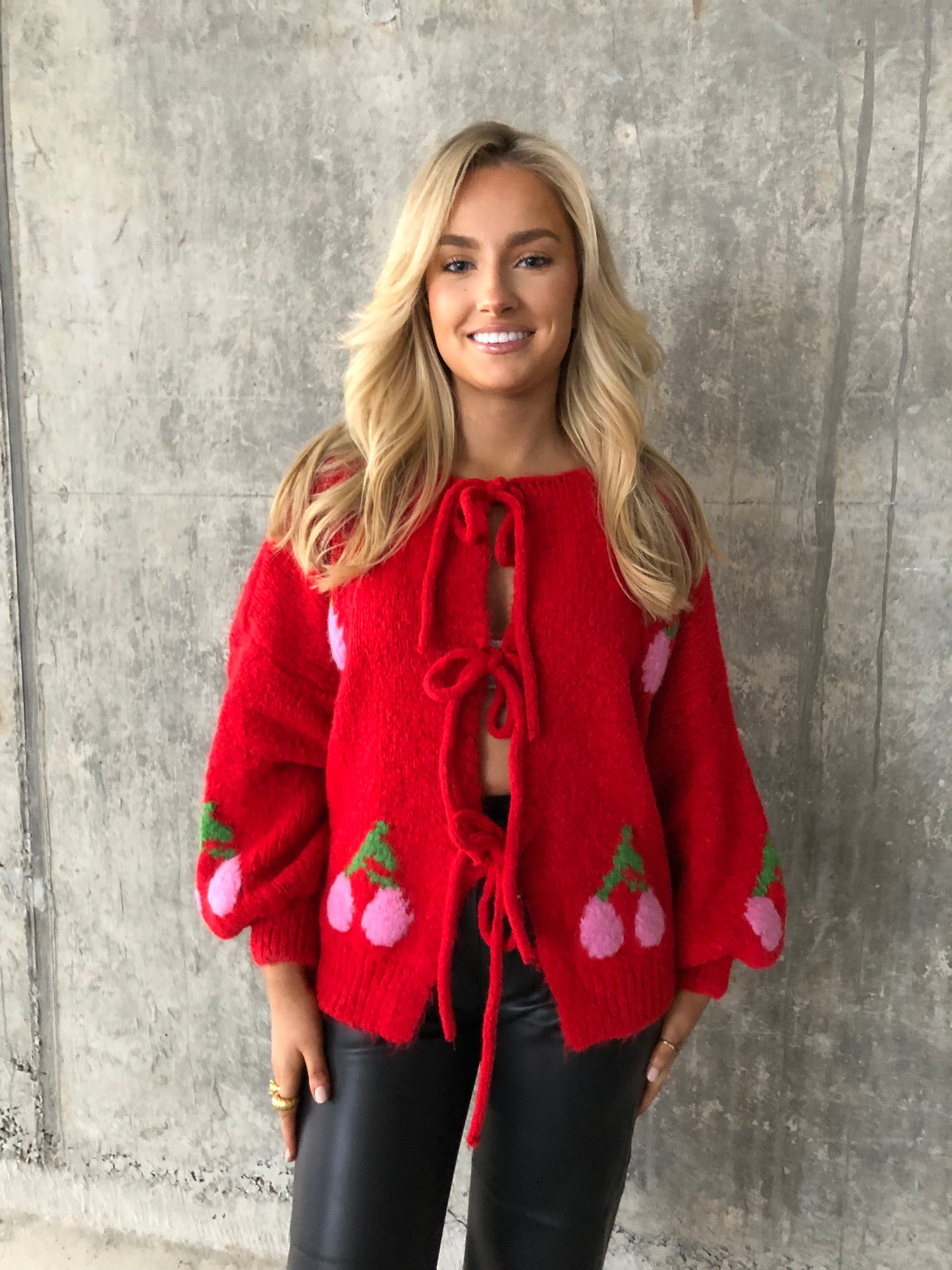 Bella cherry print bow tie red cardigan