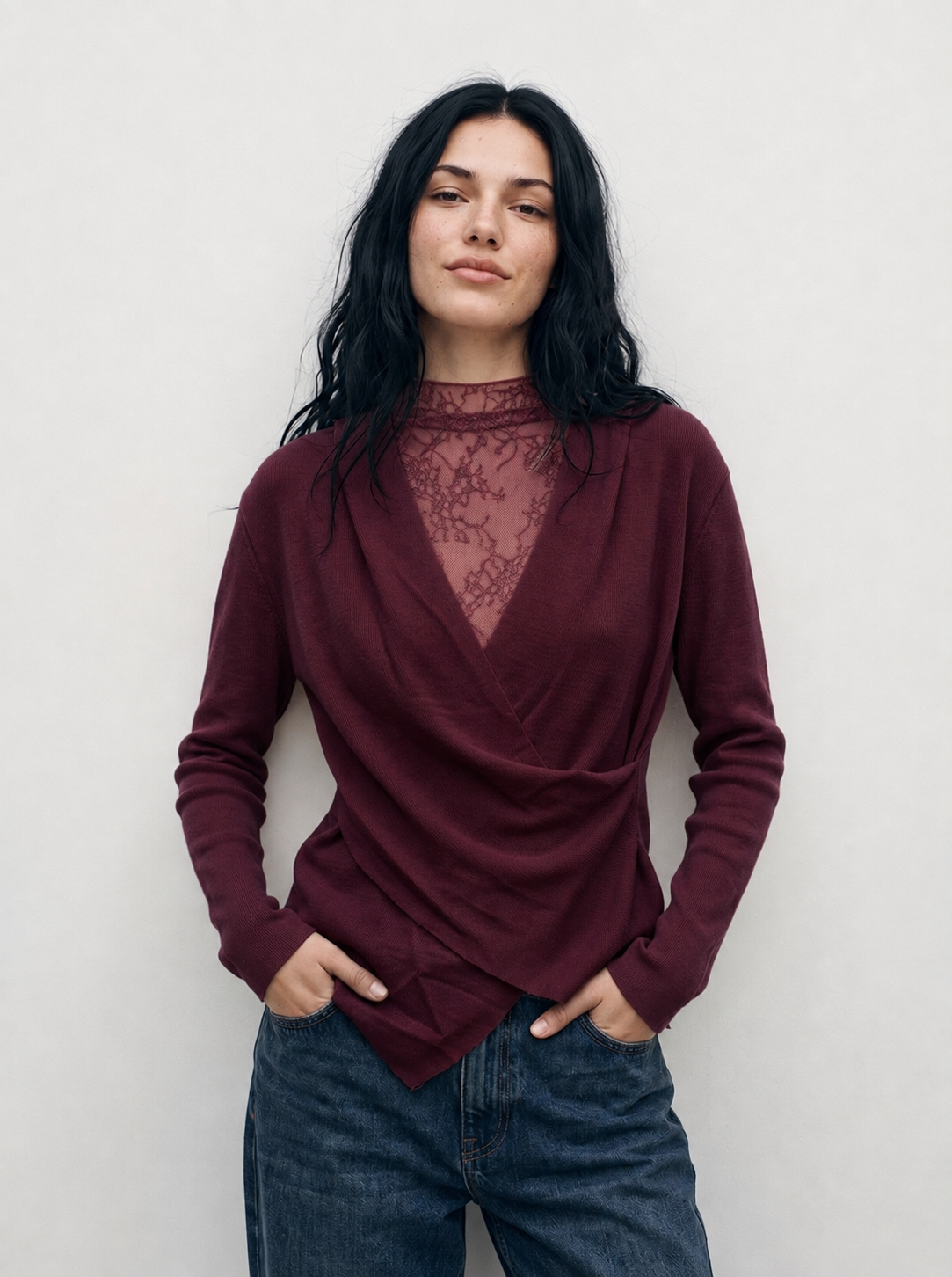Grace burgundy lace wrap knit top