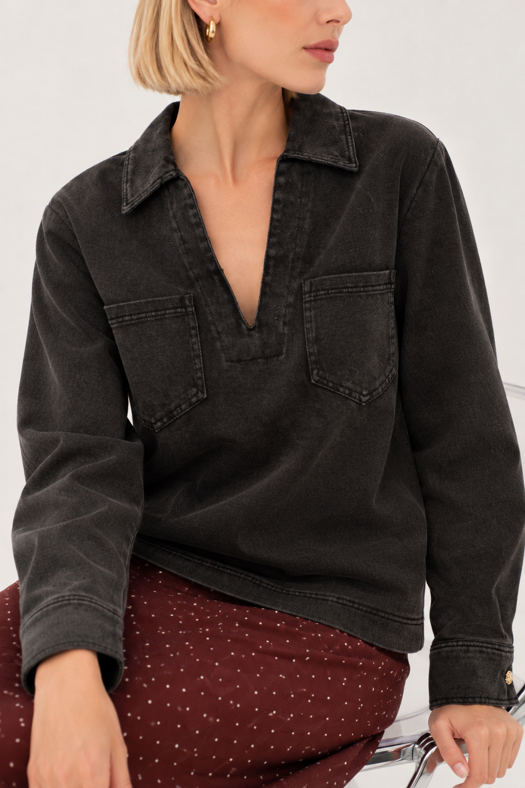 Ana black wash denim shirt with gold buttons