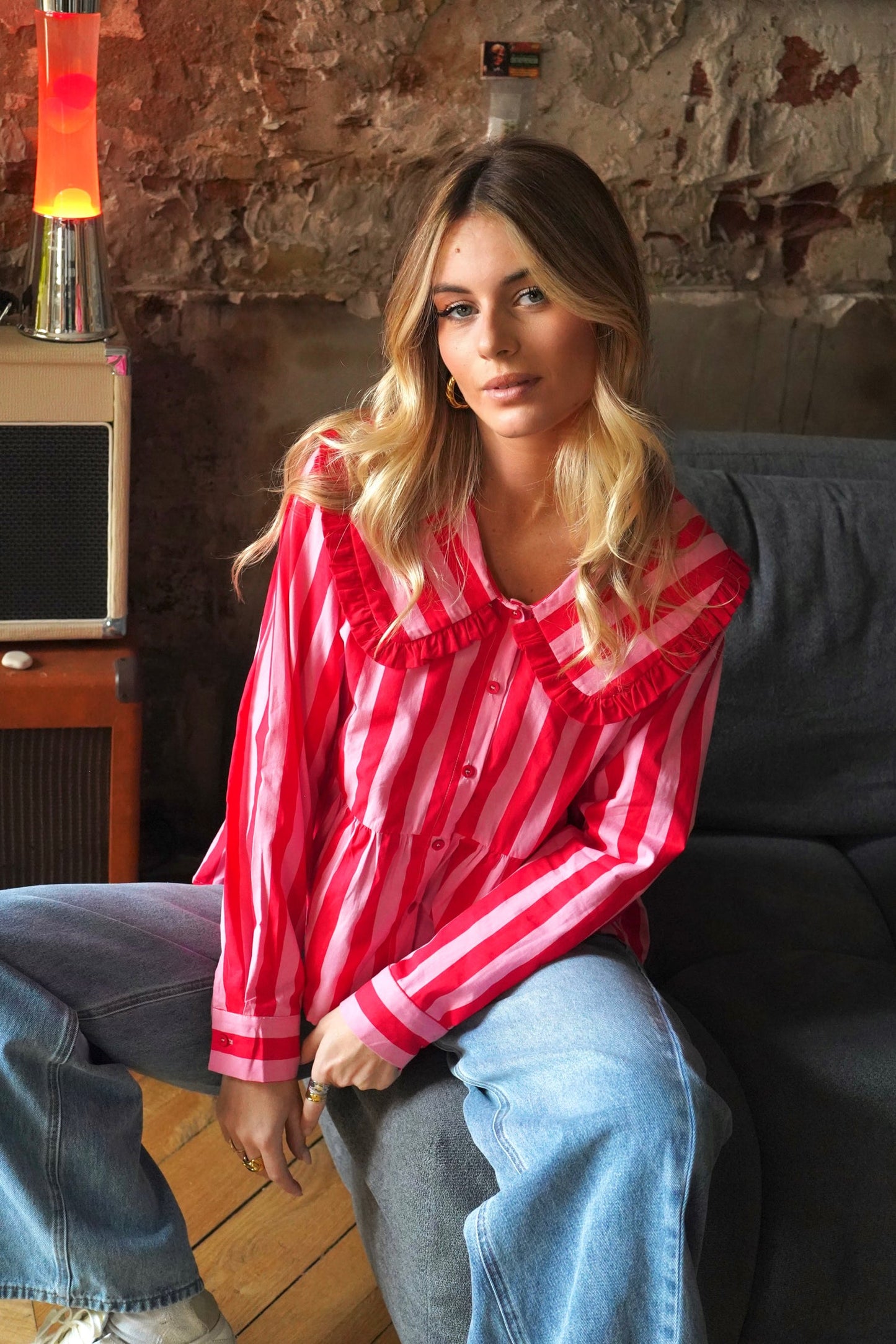 Beth pink & red stripe peplum shirt