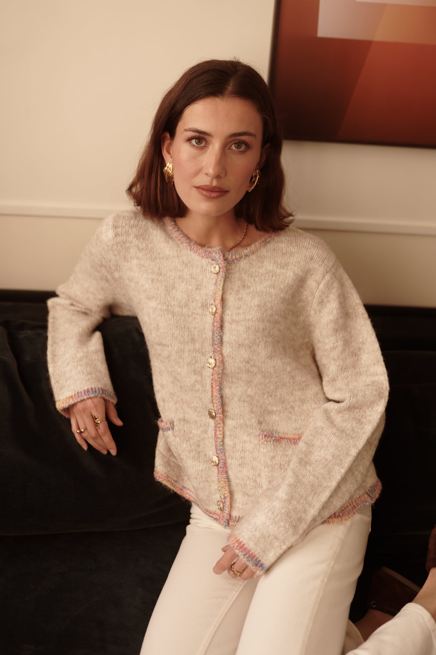 Tilly beige rainbow trim cardigan