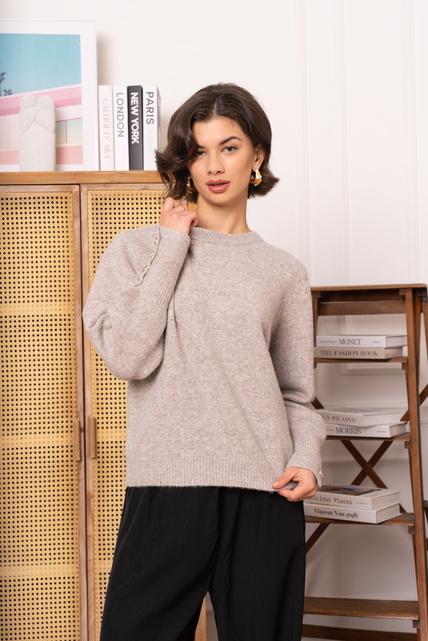 Lauren taupe fluffy jumper with sleeve gold buttons