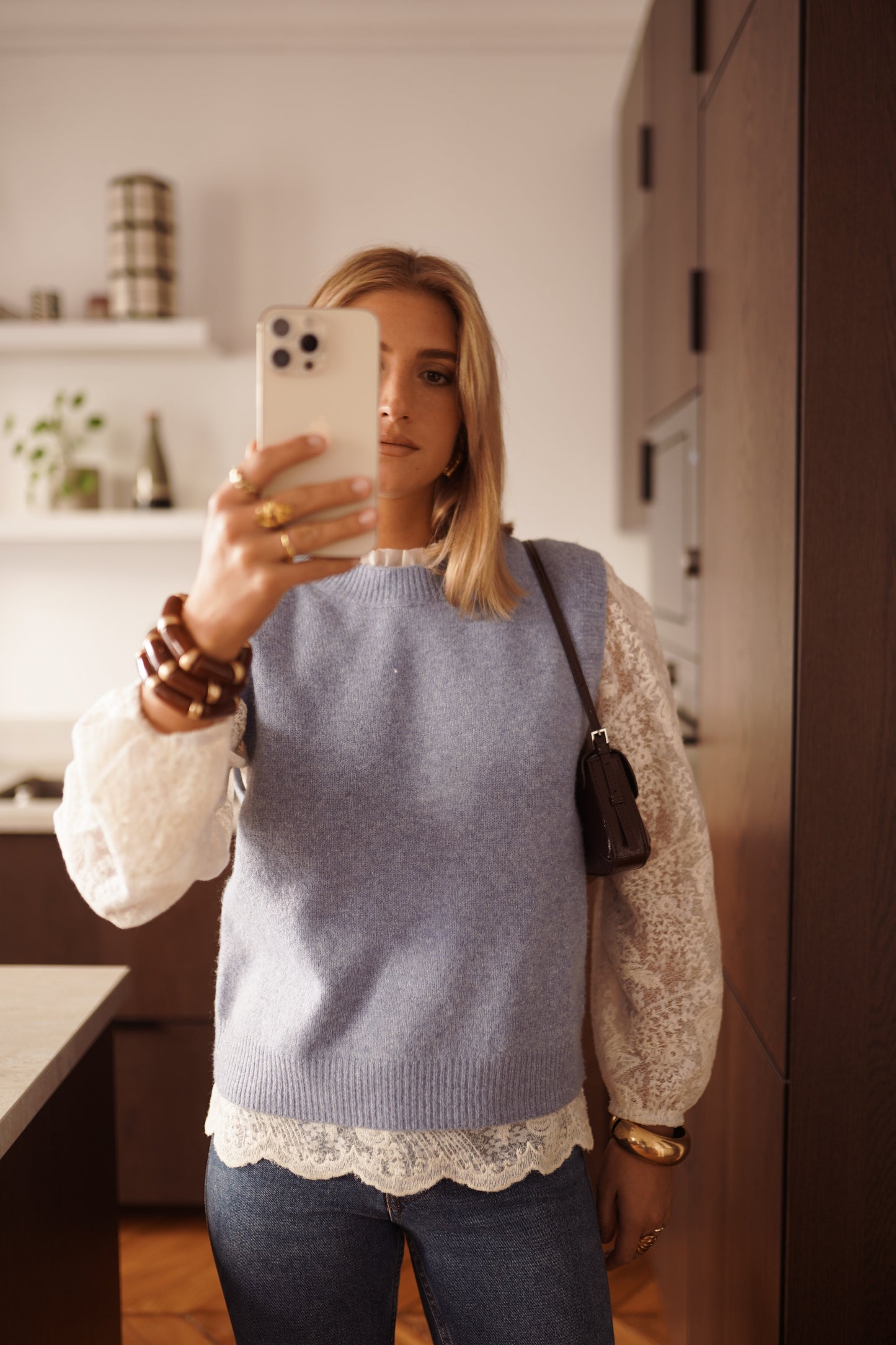 Penelope blue knit gilet & blouse set