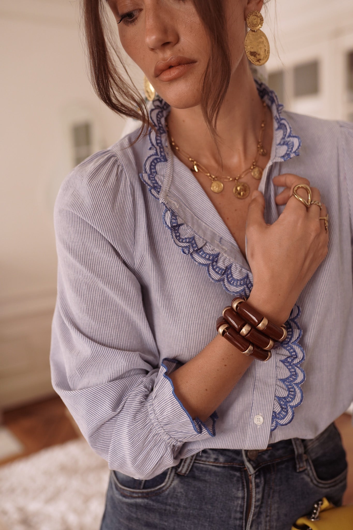Ella blue stripe ruffle blouse