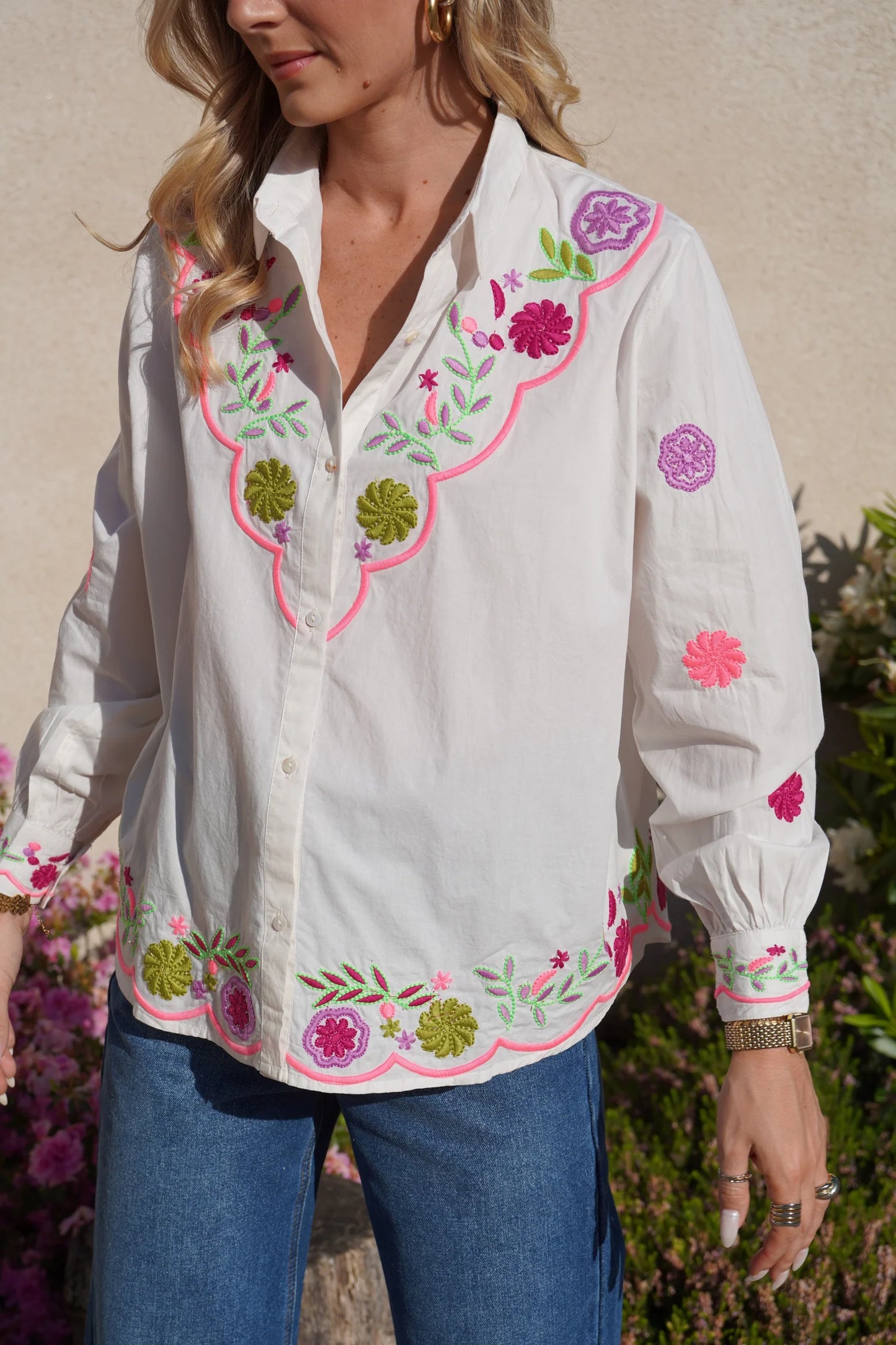 Kylie neon embroidered white shirt