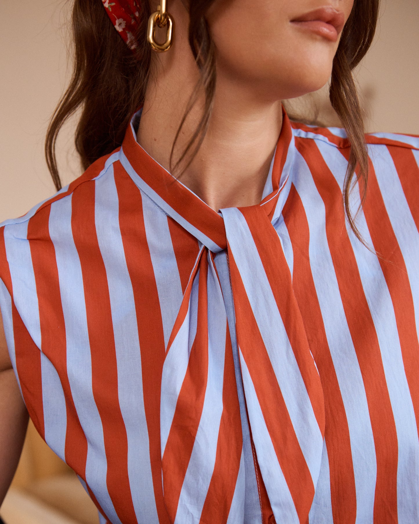 Nora blue & burgundy stripe bow top